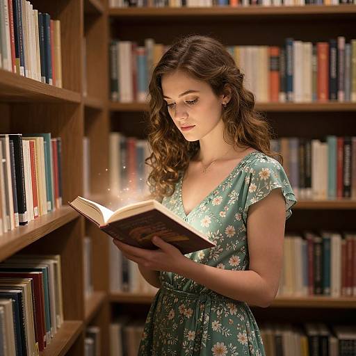 Young woman with wavy brown hair and floral dress reads enchanted book in wooden library, illuminated by magical light.