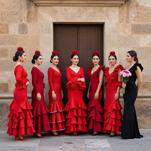 Photograph of seven women in vibrant red ruffled flamenco dresses, one in black, standing against a stone wall with a wooden door. One holds