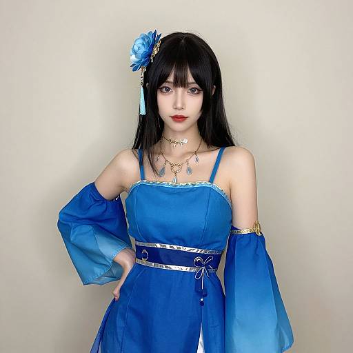Photograph of an Asian woman with pale skin, black hair, blue flower hairpin, wearing a blue, off-shoulder, strapless dress