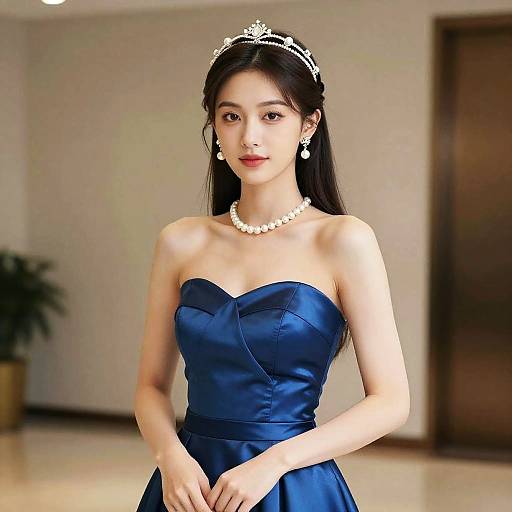 Elegant Woman in Blue Satin Dress with Pearl Jewelry