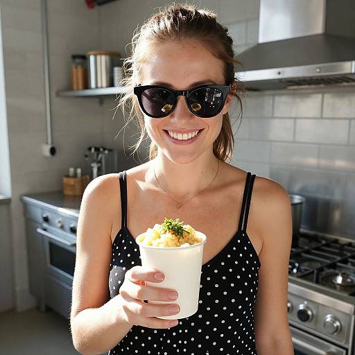 Photograph of a smiling woman with brown hair, wearing black polka-dot dress and dark sunglasses, holding a white cup with garnish in a modern
