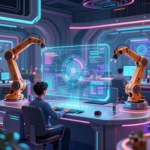 CGI image of a man in a futuristic lab, seated at a neon-lit desk with robotic arms displaying a holographic interface.