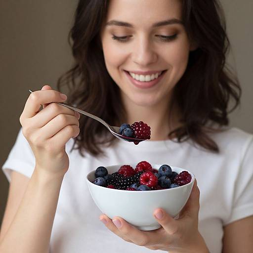 Happy Woman Eating Berry Bowl