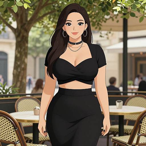 Digital drawing of a curvy woman with long black hair, wearing a black crop top and skirt, hoop earrings, and choker, standing outdoors at