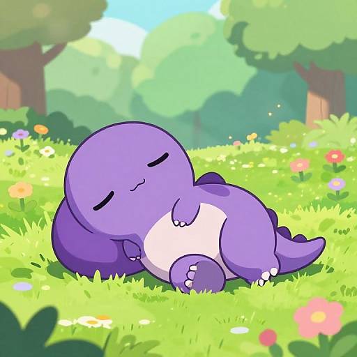 Cute, purple, chibi-style dinosaur with closed eyes, lying peacefully on bright green grass in a sunny, colorful meadow with flowers and trees