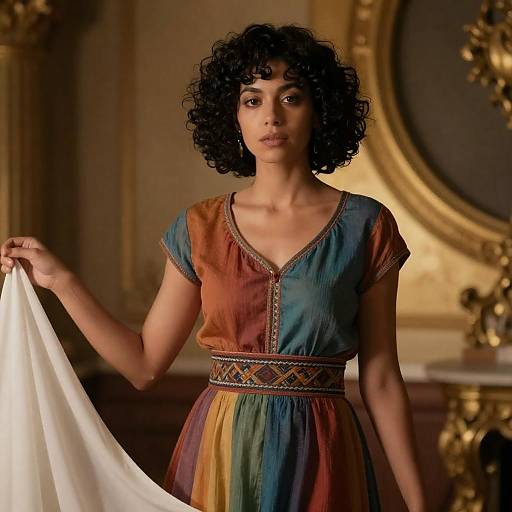 Elegant Woman in Colorful Ured Dress