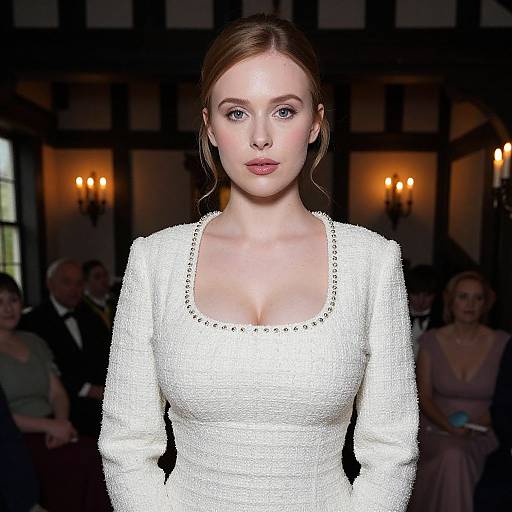 Photograph of a fair-skinned, red-haired woman with blue eyes, wearing a textured white dress with square neckline, standing confidently in a dimly