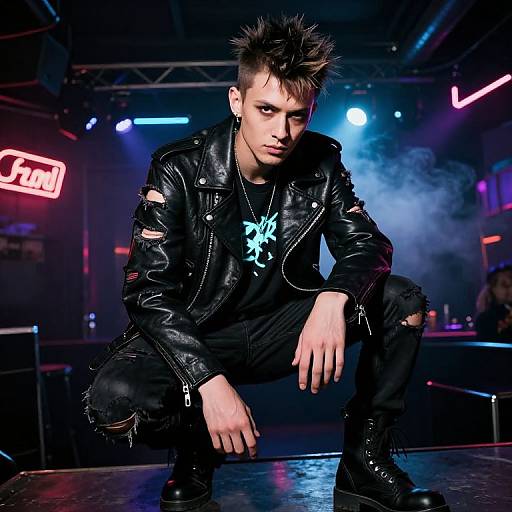 Photograph of a punk-style young man with spiky hair, wearing a black leather jacket, ripped shirt, and pants, squatting on stage under