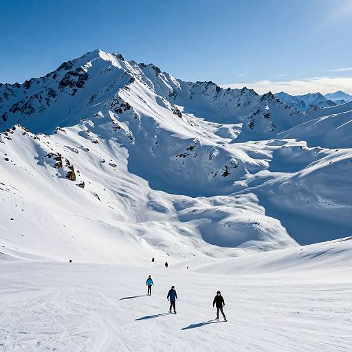 Photograph of five skiers on a bright, sunlit snowy mountain slope with jagged, blue-tinged peaks under a clear, vivid blue