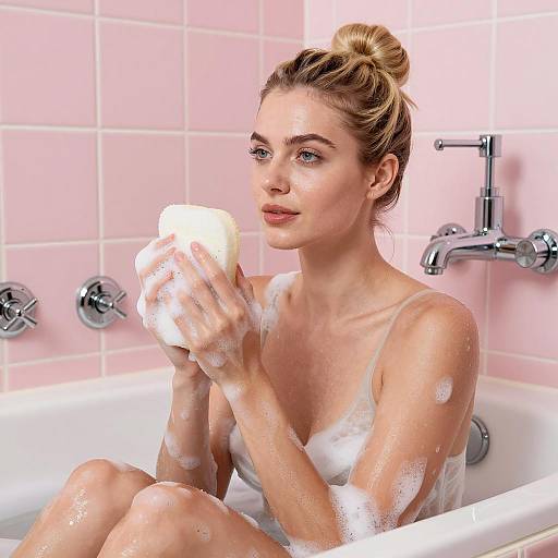 Blonde Woman in Pink Tiled Bathtub with Sponge
