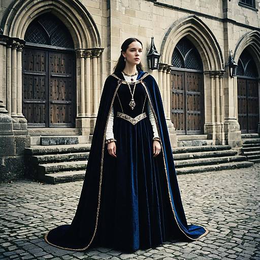 Photograph of a young woman with pale skin and dark hair in an elaborate, medieval-style black velvet gown with gold trim, standing in front of a