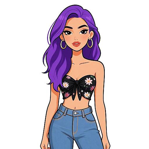 Digital illustration of a stylish woman with long purple hair, wearing a black strapless floral top and blue jeans, with large hoop earrings, standing against a