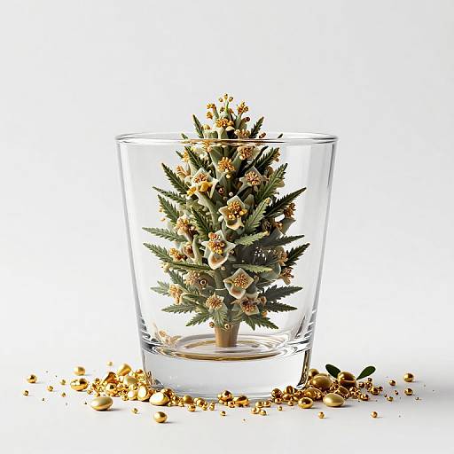 Clear glass Christmas tree with green pine-like leaves and gold ornaments, standing on base, surrounded by scattered gold baubles.