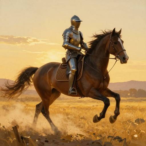 Knight in silver armor riding a galloping dark brown horse through a golden field at sunset, dust flying, dramatic sky. Photographic realism.