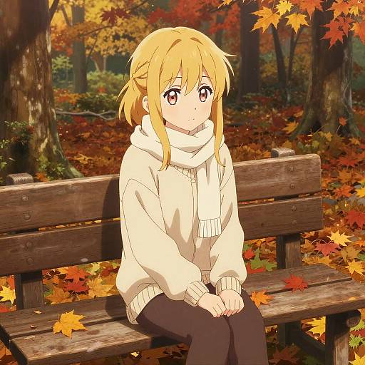 Anime-style drawing of a blonde girl with red eyes, wearing a white sweater and scarf, sitting on a wooden bench in an autumn forest.