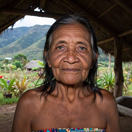 Photograph of an elderly Asian woman with deep wrinkles, dark hair, and brown skin, standing under a thatched roof, mountain background, and colorful