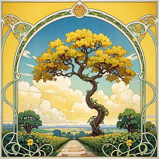 Art Nouveau Tree in Scenic Landscape