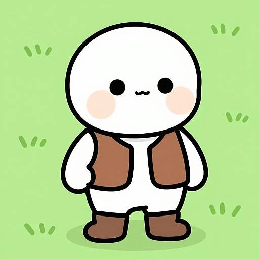 Cartoon-style drawing of a round, white, faceless character with black dots for eyes, pink cheeks, a brown vest, and brown boots,