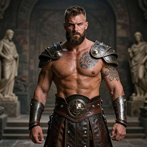 Photograph of a muscular, bearded man with a tattooed chest, wearing medieval armor and leather skirt, standing in a dimly lit, stone