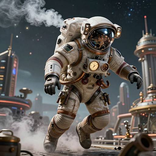 CGI image of a space-suited astronaut with a reflective helmet, breathing smoke, running on a futuristic, neon-lit space cityscape.