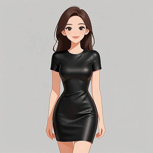 Digital anime-style drawing of a smiling woman with long brown hair, wearing a tight, black, short-sleeved, leather dress, against a plain