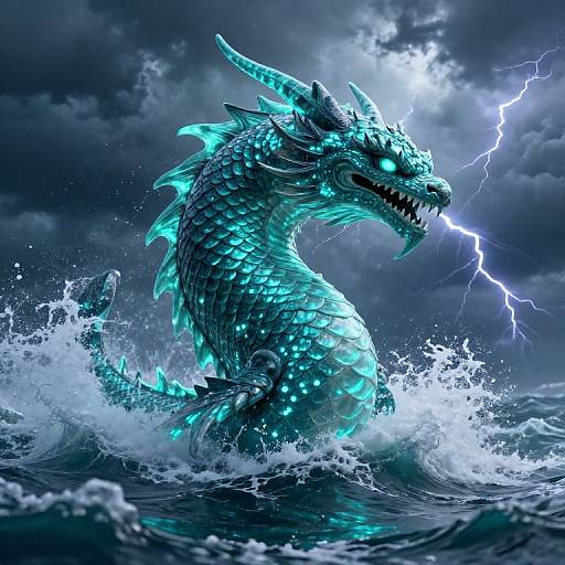 Digital art of a glowing blue, electric-scaled dragon emerging from stormy waves, mouth open with lightning bolt in its mouth.
