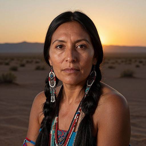 Photograph of an indigenous woman with dark skin, black braids, wearing colorful beaded necklace and earrings, against a desert sunset backdrop.