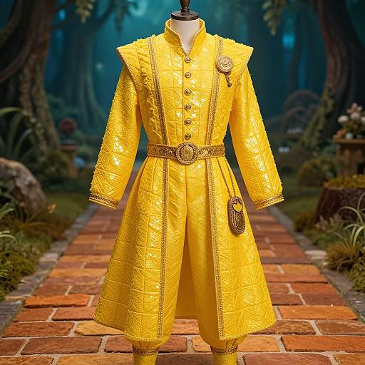 Photograph of a vibrant yellow, textured, long coat with gold buttons, belted waist, and decorative brooch, displayed on a black manne