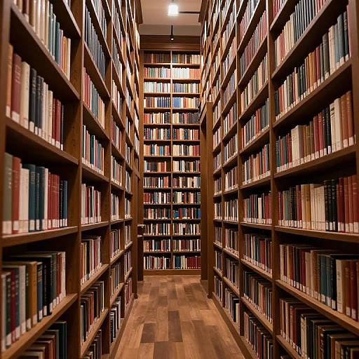Photograph of a narrow, wooden bookshelf-filled library aisle, with rows of colorful books on both sides, leading to a bright backlit end.
