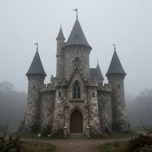 Photograph of a Gothic-style castle with three conical towers, grey stone walls, arched wooden door, and misty, overcast background.
