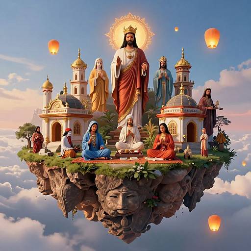 Digital artwork of a floating religious island with diverse robed figures, including a haloed central figure, surrounded by lanterns and clouds.