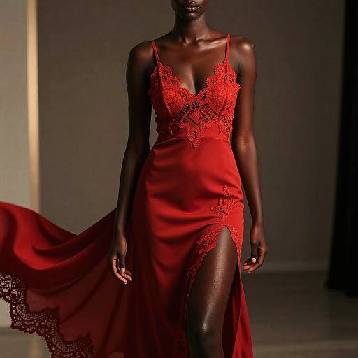 Photograph of a dark-skinned woman in a vivid red lace dress with a deep V-neck and thigh-high slit, standing against a dimly lit