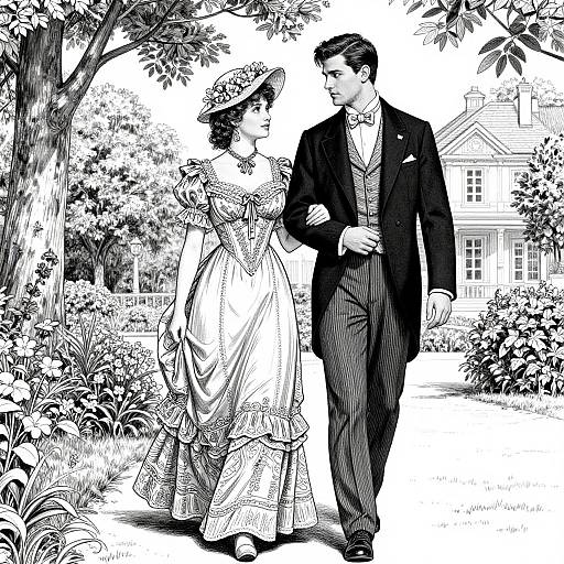Black-and-white drawing of a Victorian couple walking hand-in-hand through a garden, wearing elaborate dresses and suits, with a house in the background.