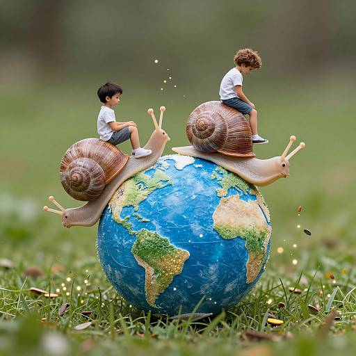 Photograph of two miniature boys, one with black hair, one with curly brown hair, riding snails on a small blue and green Earth globe in