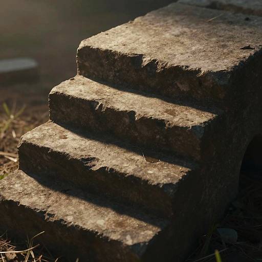 Photograph of three worn, jagged, gray concrete steps in sunlight, casting shadows, with grass and blurred background.