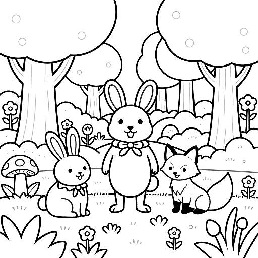 Black-and-white line drawing of cute, cartoon-style rabbits and a cat in a forest with trees, flowers, and grass.