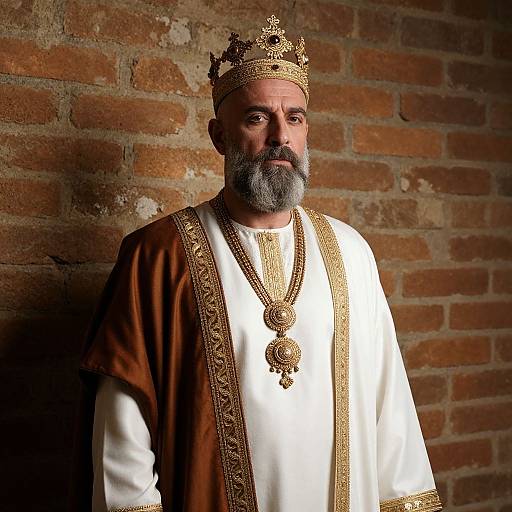 Photograph of a middle-aged, bearded man with a gray beard, wearing a gold crown, ornate white and brown robe, and large necklace