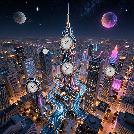 Neon-lit futuristic cityscape with five clock-tower skyscrapers, winding blue lights, and three colorful planets in a starry night sky
