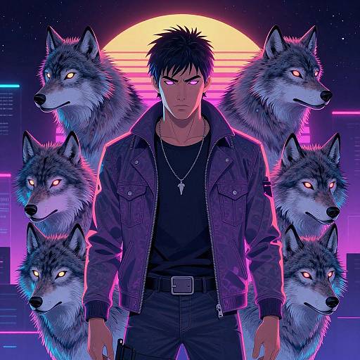 Digital anime-style artwork of a serious, black-haired man in a denim jacket, surrounded by six glowing wolf heads, against a neon sunset and cityscape