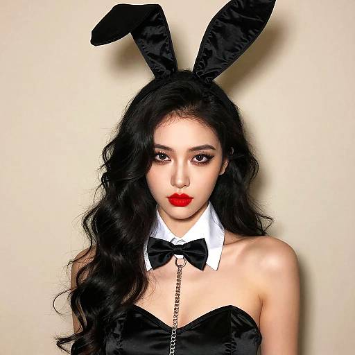 Photograph of a young woman with long black hair, wearing black bunny ears, red lipstick, white collar, black bow tie, and strapless black