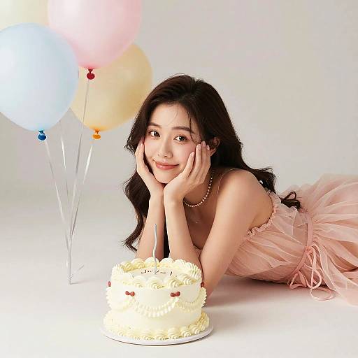 Woman in Pink Dress with Birthday Cake and Balloons