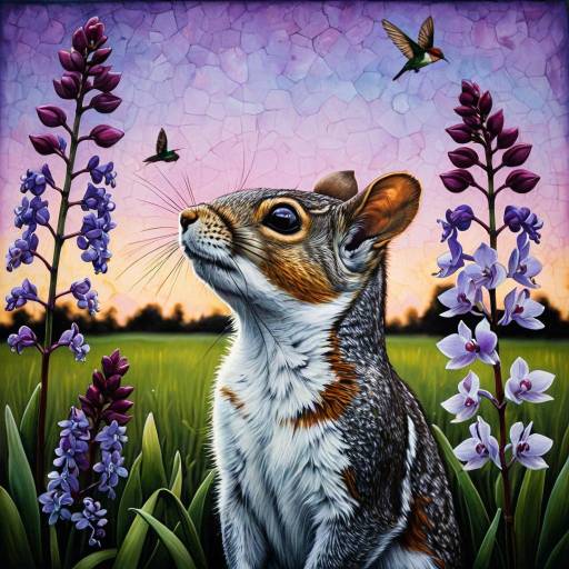 Curious Squirrel and Hummingbird in Orchid Field