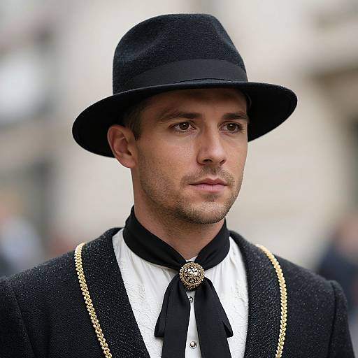 Photograph of a handsome man with fair skin, dark eyes, and light stubble, wearing a black bowler hat, black coat, white shirt