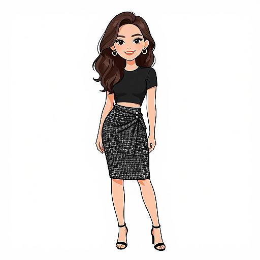Digital illustration of a smiling woman with long brown hair, wearing a black crop top, high-waisted black checkered skirt, and black heels.
