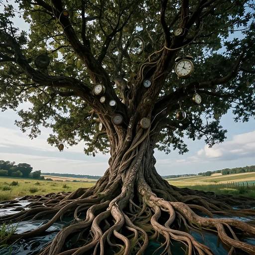 Photograph of a large, twisted tree with gnarled roots and clock faces hanging from its branches, set in a lush, open field under a