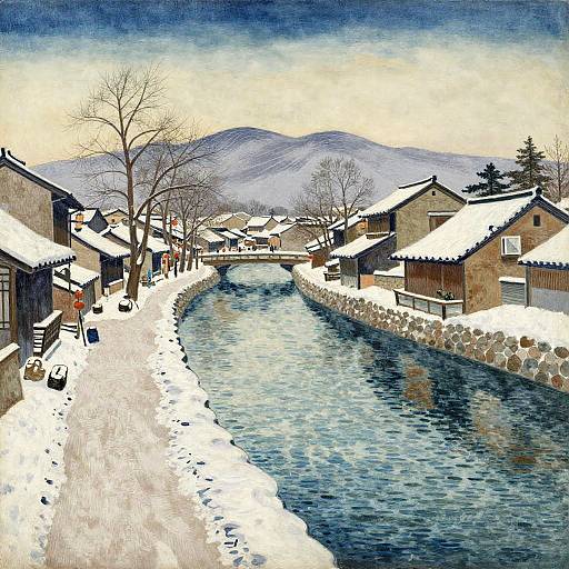 Snowy Riverside Canal in Edo-Era Town