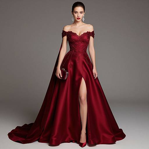 Photograph of a fair-skinned woman with dark hair in an updo, wearing a deep red, off-shoulder, floor-length gown with