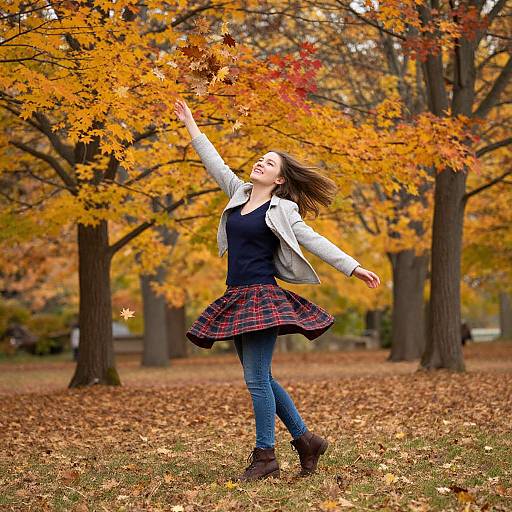 Photograph of a smiling woman in a white jacket, black top, red plaid skirt, and blue jeans, joyfully dancing in an autumn park
