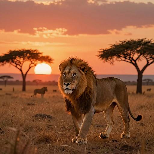 Majestic Lion in a Vibrant Sunset Savannah