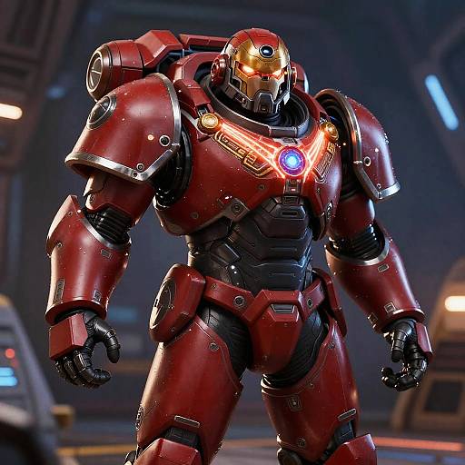 Photorealistic CGI of a red, bulky Iron Man suit with glowing yellow eyes and blue chest light, standing in a dimly lit, futuristic warehouse